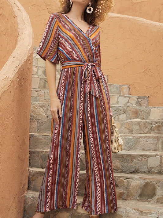 Women's Jumpsuits V-Neck Multicolor Striped Short Sleeve Jumpsuit - LuckyFash™