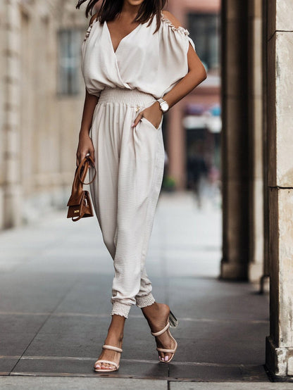 Women's Jumpsuits V-Neck Off Shoulder Elastic Waist Pocket Jumpsuit - LuckyFash™