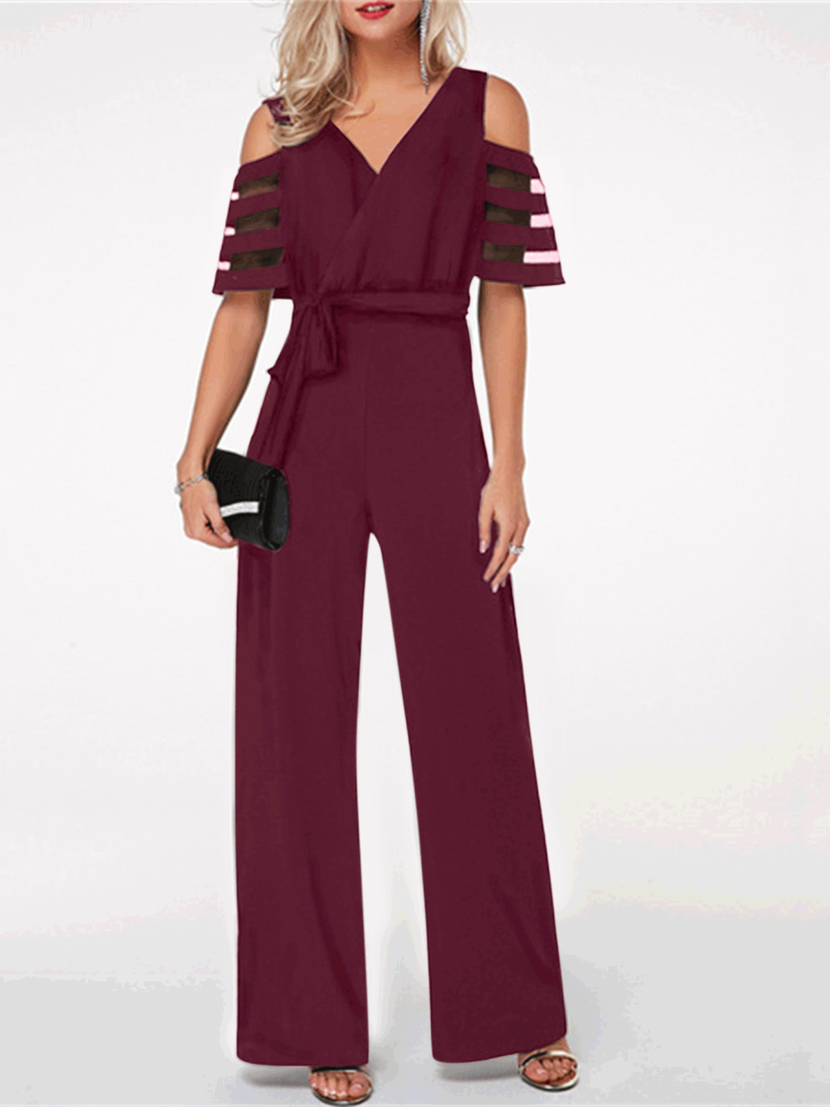 Women's Jumpsuits V-Neck Off-Shoulder Mesh Wide-Leg Jumpsuit - LuckyFash™