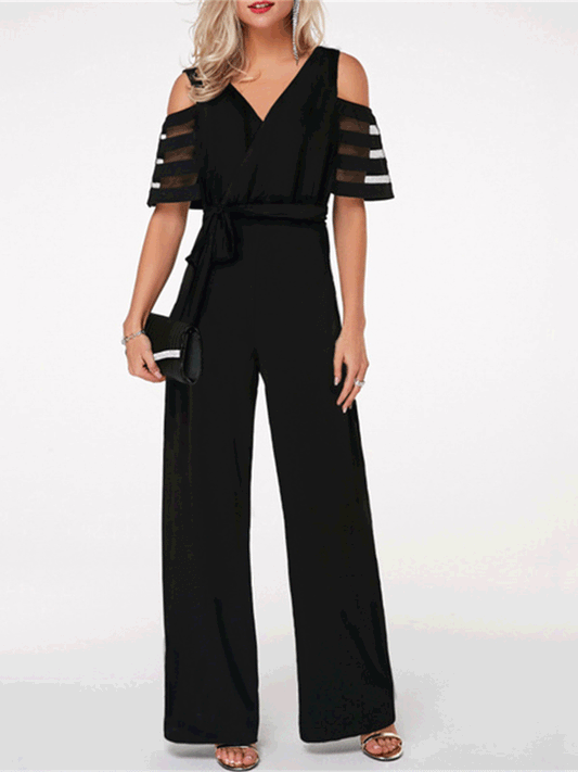 Women's Jumpsuits V-Neck Off-Shoulder Mesh Wide-Leg Jumpsuit - LuckyFash™