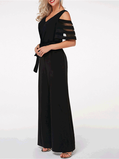 Women's Jumpsuits V-Neck Off-Shoulder Mesh Wide-Leg Jumpsuit - LuckyFash™