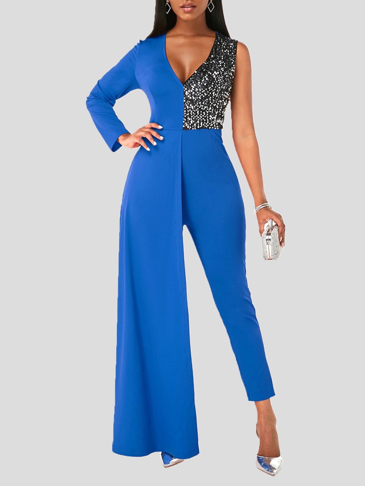 Women's Jumpsuits V-Neck One-Shoulder Sequin Stitching Slim-Fit Jumpsuit - LuckyFash™
