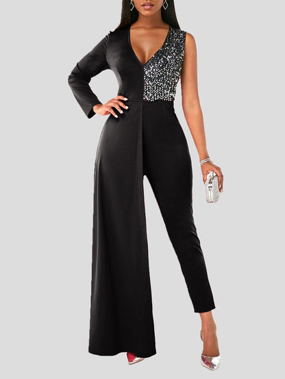 Women's Jumpsuits V-Neck One-Shoulder Sequin Stitching Slim-Fit Jumpsuit - LuckyFash™