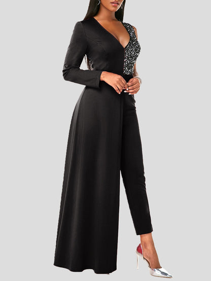 Women's Jumpsuits V-Neck One-Shoulder Sequin Stitching Slim-Fit Jumpsuit - LuckyFash™