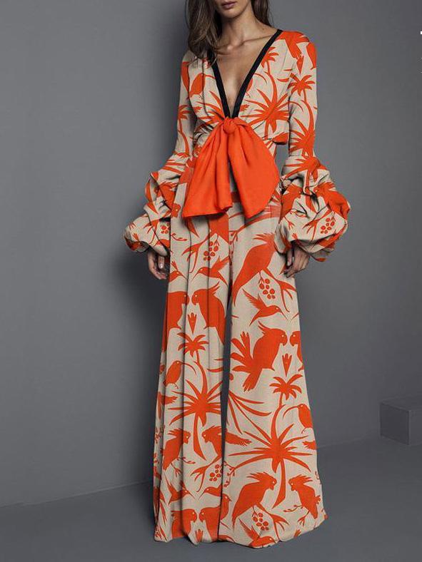 Women's Jumpsuits V-Neck Printed Lace-Up Long Sleeve Jumpsuit - LuckyFash™