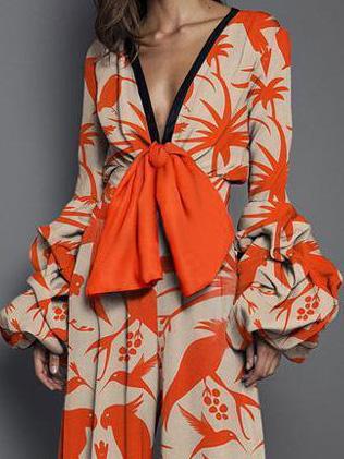 Women's Jumpsuits V-Neck Printed Lace-Up Long Sleeve Jumpsuit - LuckyFash™