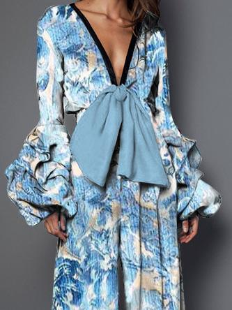 Women's Jumpsuits V-Neck Printed Lace-Up Long Sleeve Jumpsuit - LuckyFash™