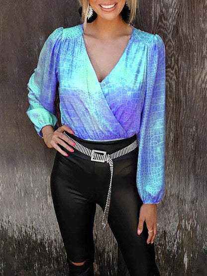 Women's Jumpsuits V-Neck Printed Lantern Long Sleeve Jumpsuit - LuckyFash™