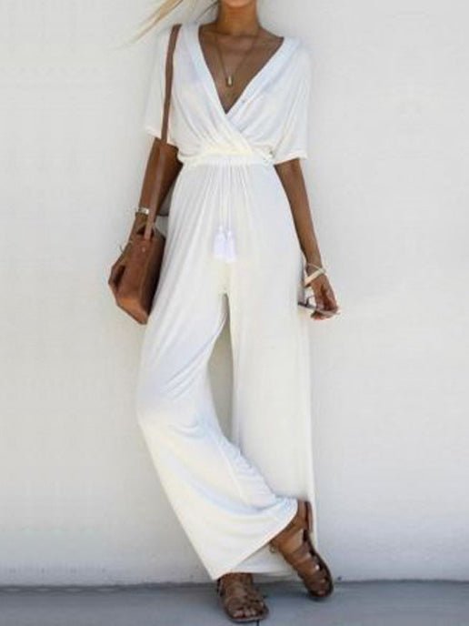 Women's Jumpsuits V-Neck Short Sleeve Belted Wide-Leg Jumpsuit - LuckyFash™