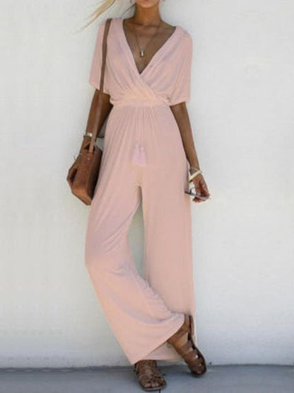 Women's Jumpsuits V-Neck Short Sleeve Belted Wide-Leg Jumpsuit - LuckyFash™
