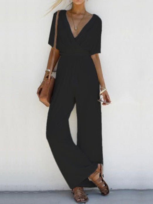Women's Jumpsuits V-Neck Short Sleeve Belted Wide-Leg Jumpsuit - LuckyFash™