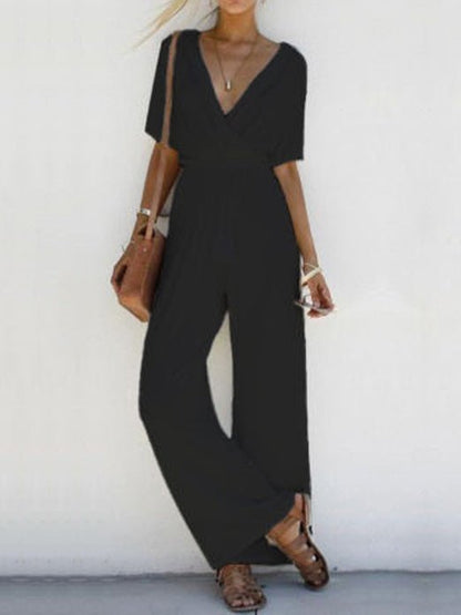Women's Jumpsuits V-Neck Short Sleeve Belted Wide-Leg Jumpsuit - LuckyFash™