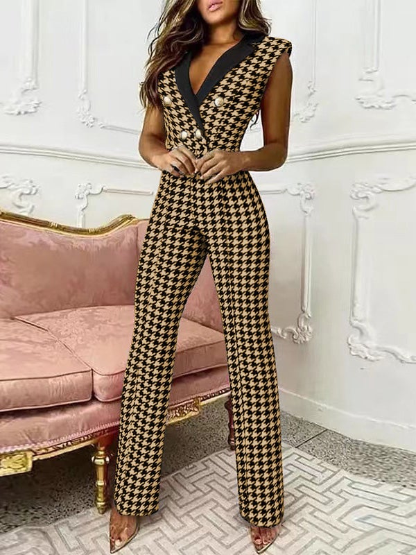 Women's Jumpsuits V-Neck Sleeveless Button Houndstooth Jumpsuit - LuckyFash™