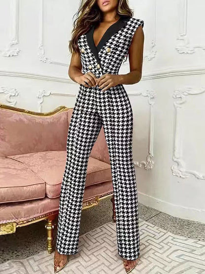 Women's Jumpsuits V-Neck Sleeveless Button Houndstooth Jumpsuit - LuckyFash™