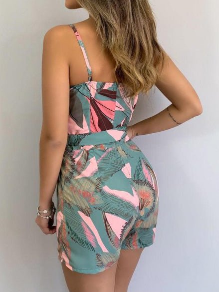 Women's Jumpsuits V-Neck Sling Leaf Print Belted Jumpsuit - LuckyFash™