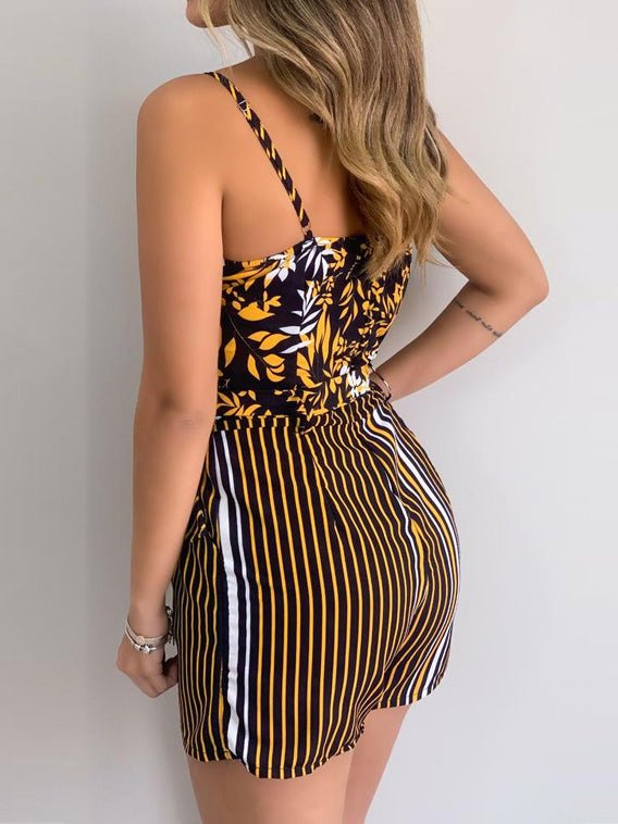 Women's Jumpsuits V-Neck Sling Leaf Print Belted Jumpsuit - LuckyFash™