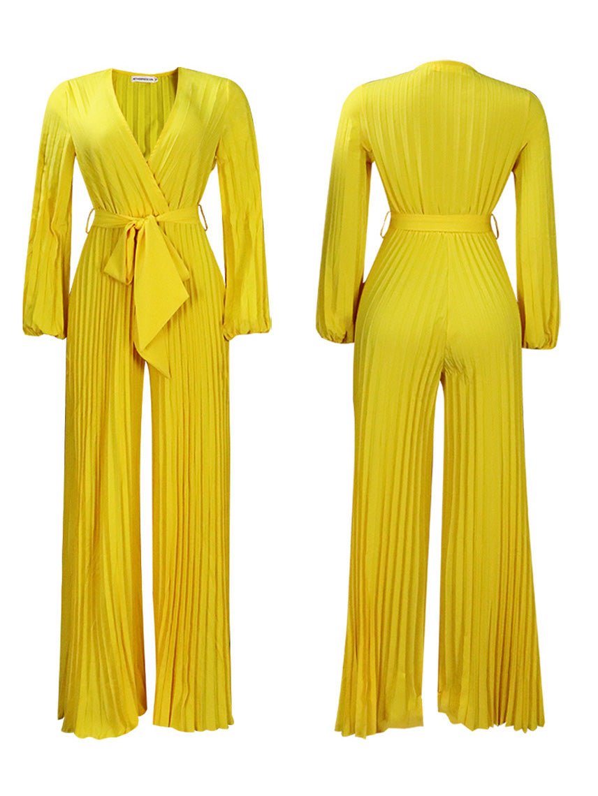 Women's Jumpsuits V-Neck Tie Pleated Wide-Leg Jumpsuit - LuckyFash™