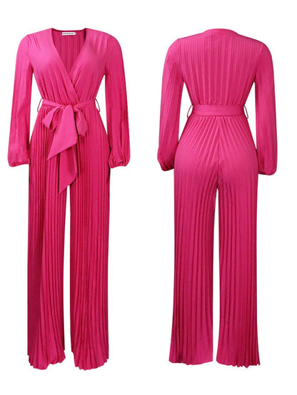Women's Jumpsuits V-Neck Tie Pleated Wide-Leg Jumpsuit - LuckyFash™