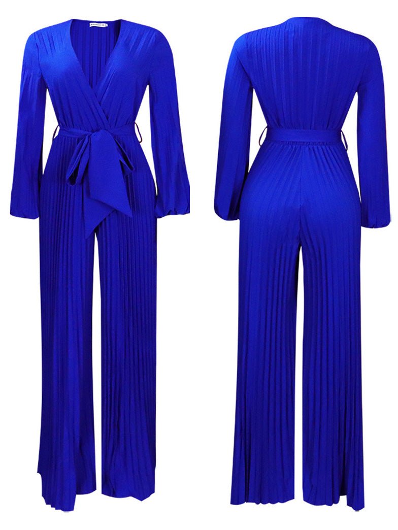 Women's Jumpsuits V-Neck Tie Pleated Wide-Leg Jumpsuit - LuckyFash™