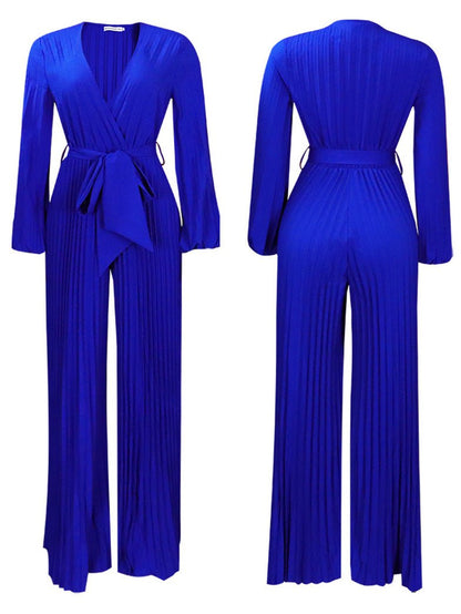Women's Jumpsuits V-Neck Tie Pleated Wide-Leg Jumpsuit - LuckyFash™