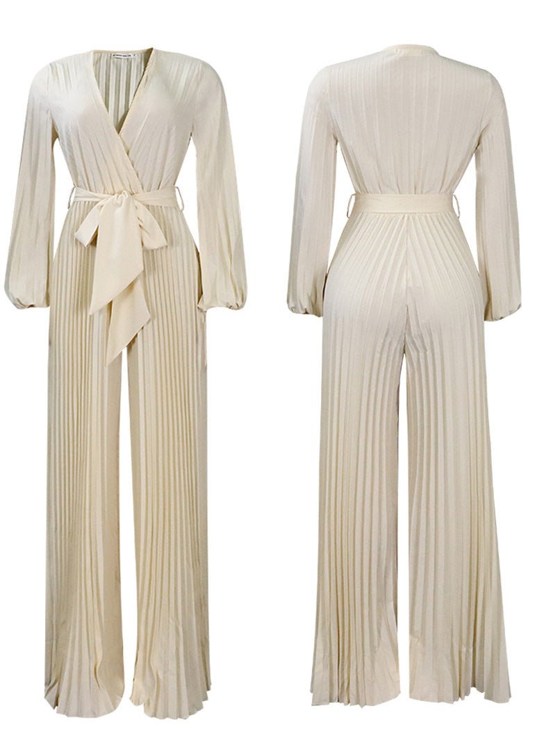 Women's Jumpsuits V-Neck Tie Pleated Wide-Leg Jumpsuit - LuckyFash™