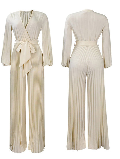Women's Jumpsuits V-Neck Tie Pleated Wide-Leg Jumpsuit - LuckyFash™