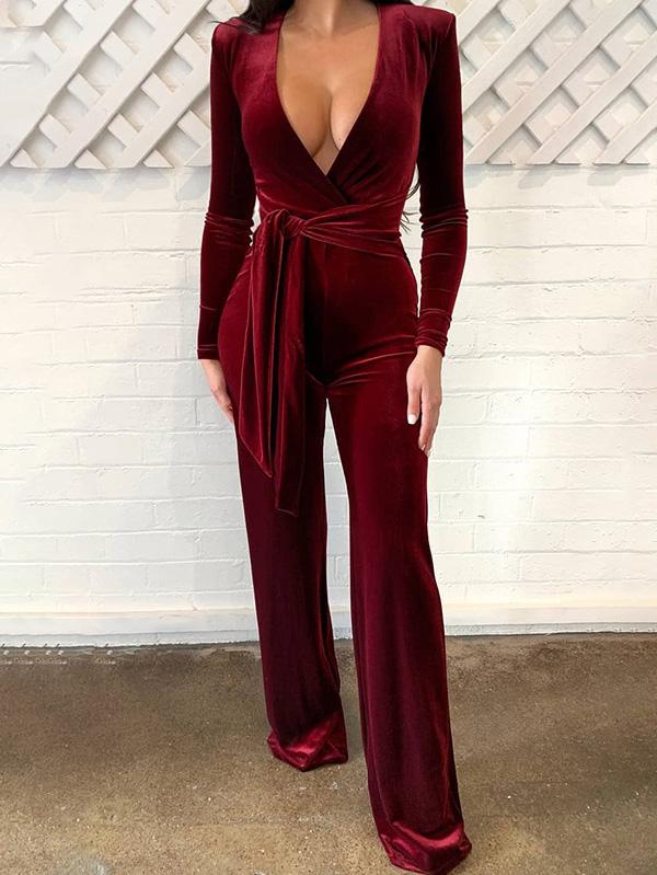 Women's Jumpsuits Velvet Deep V-Neck High-Waisted Wide-Leg Jumpsuit - LuckyFash™