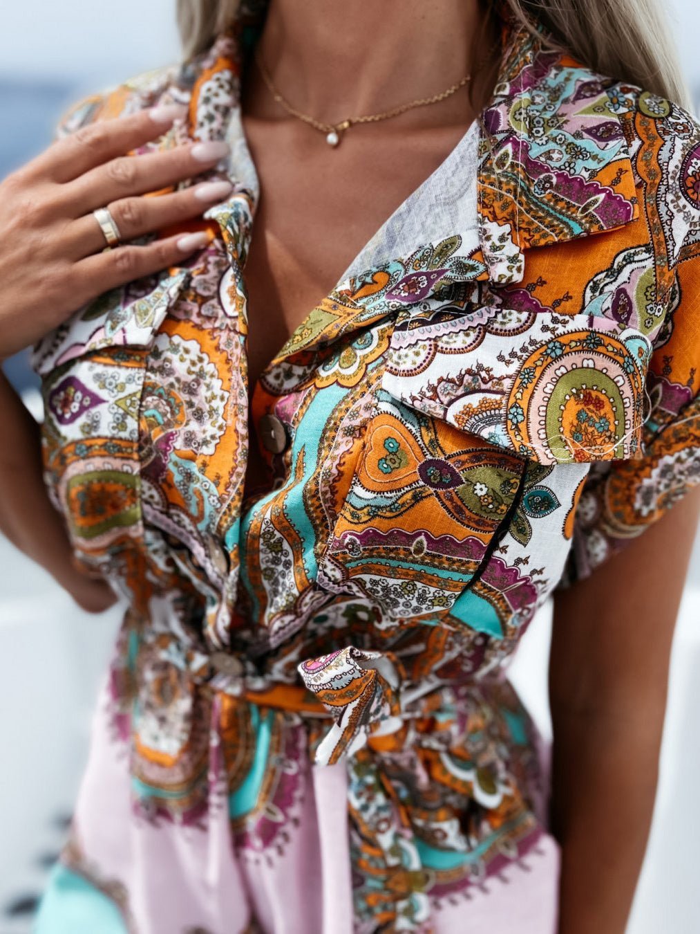 Women's Jumpsuits Vintage Print Lapel Belted Short Sleeve Jumpsuit - LuckyFash™