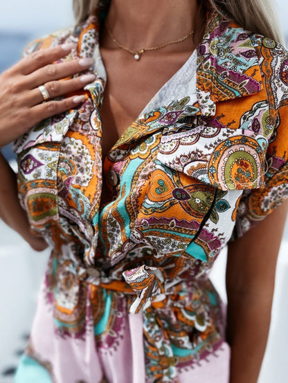 Women's Jumpsuits Vintage Print Lapel Belted Short Sleeve Jumpsuit - LuckyFash™