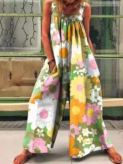 Women's Jumpsuits Vintage Print Loose Suspenders Wide-Leg Jumpsuit - LuckyFash™