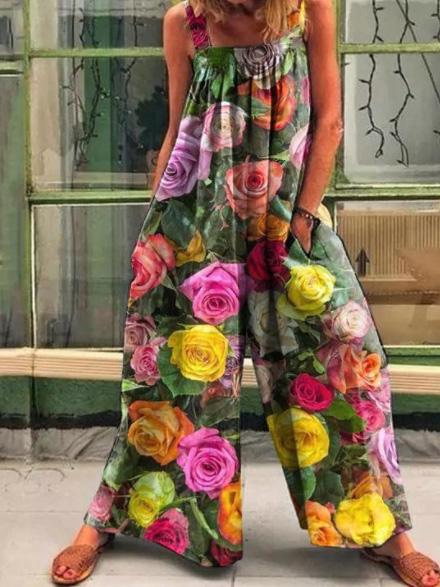 Women's Jumpsuits Vintage Print Loose Suspenders Wide-Leg Jumpsuit - LuckyFash™