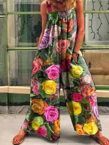Women's Jumpsuits Vintage Print Loose Suspenders Wide-Leg Jumpsuit - LuckyFash™