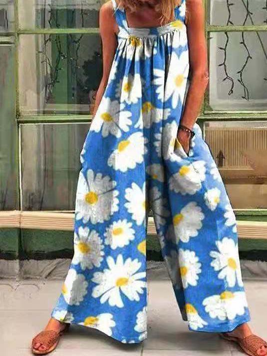 Women's Jumpsuits Vintage Print Loose Suspenders Wide-Leg Jumpsuit - LuckyFash™