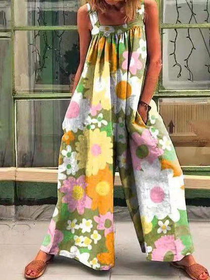 Women's Jumpsuits Vintage Print Loose Suspenders Wide-Leg Jumpsuit - LuckyFash™