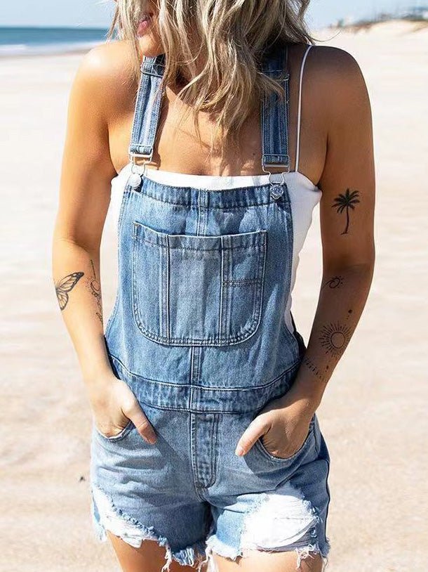 Women's Jumpsuits Washed Pockets Shredded Straight Denim Jumpsuit - LuckyFash™
