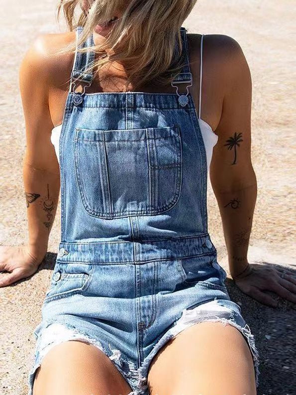 Women's Jumpsuits Washed Pockets Shredded Straight Denim Jumpsuit - LuckyFash™