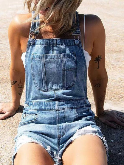 Women's Jumpsuits Washed Pockets Shredded Straight Denim Jumpsuit - LuckyFash™