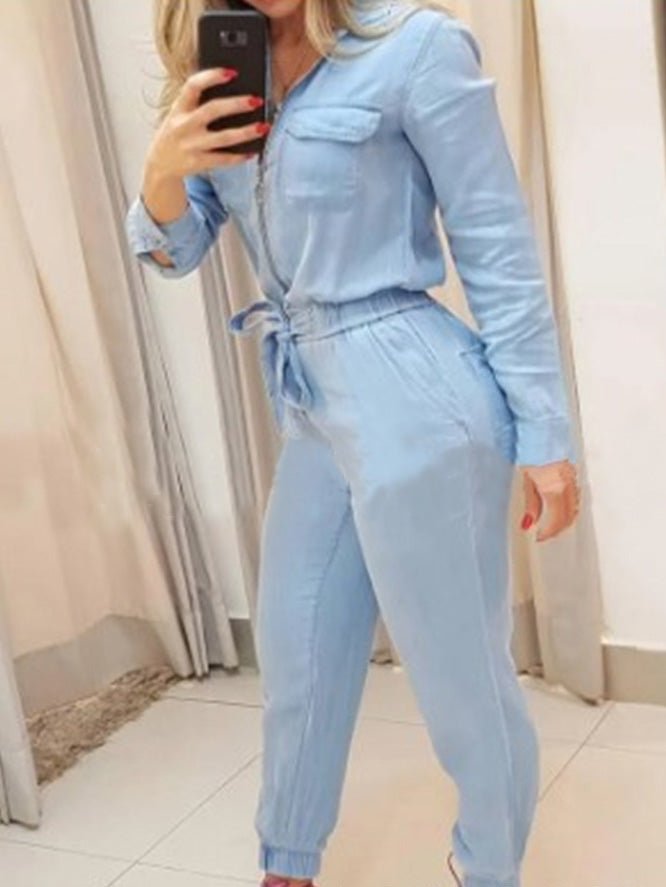 Women's Jumpsuits Zip Elastic Waist Long Sleeve Jumpsuit - LuckyFash™