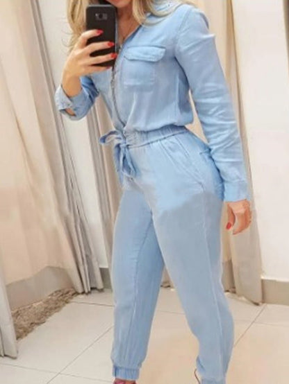 Women's Jumpsuits Zip Elastic Waist Long Sleeve Jumpsuit - LuckyFash™