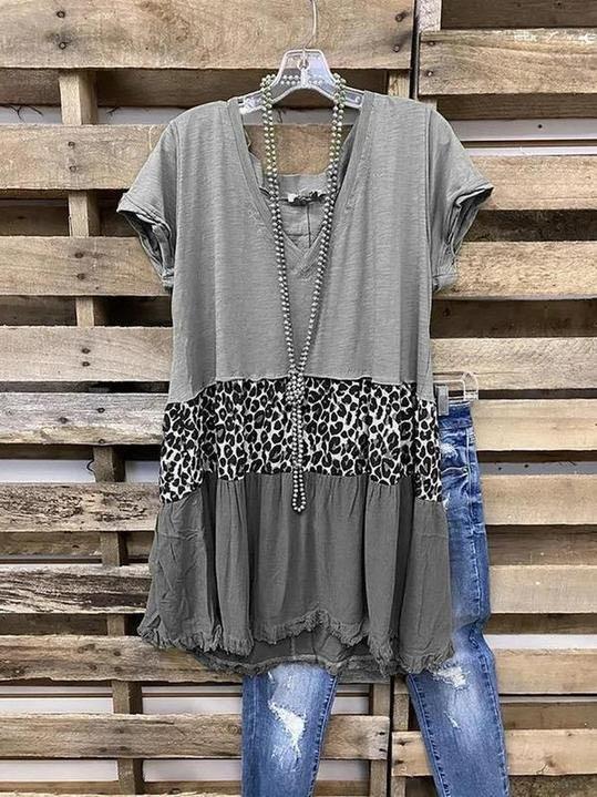 Women’s Khaki Long Sleeve Cotton-blend Crew Neck Leopard Women's Fashion Print Tee - LuckyFash™