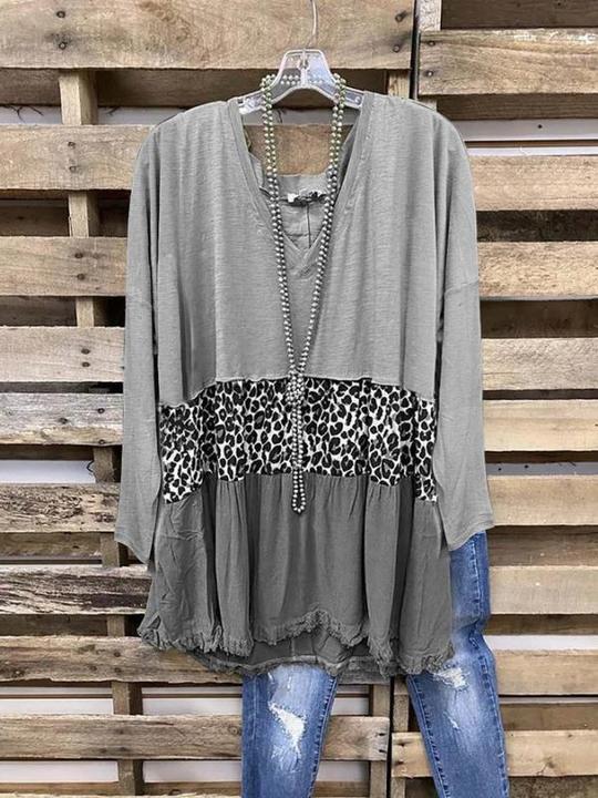 Women’s Khaki Long Sleeve Cotton-blend Crew Neck Leopard Women's Fashion Print Tee - LuckyFash™