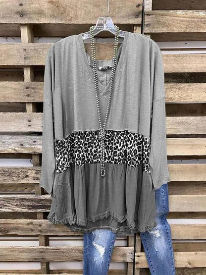 Women’s Khaki Long Sleeve Cotton-blend Crew Neck Leopard Women's Fashion Print Tee - LuckyFash™