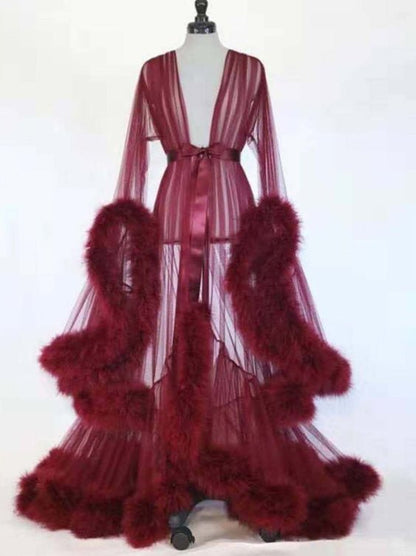 Lingeries Feather Flared Sleeve Trailing Sheer Nightdress - LuckyFash™