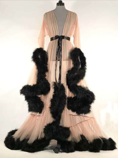 Lingeries Feather Flared Sleeve Trailing Sheer Nightdress - LuckyFash™