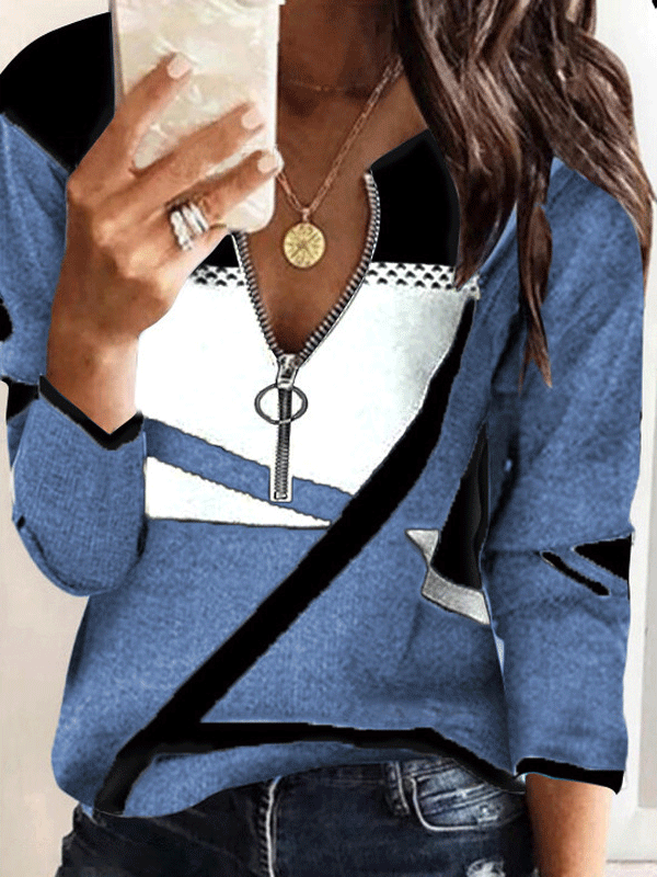 T-Shirts Colorblock Printing V-Neck Zipper Long Sleeve T-Shirt - LuckyFash™