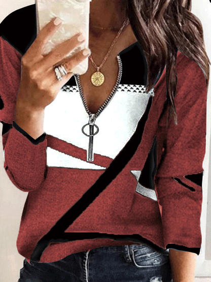 T-Shirts Colorblock Printing V-Neck Zipper Long Sleeve T-Shirt - LuckyFash™