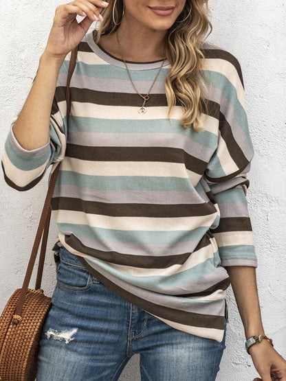 T-Shirts Multicolor Striped Round Neck Long Sleeve T-Shirt - LuckyFash™
