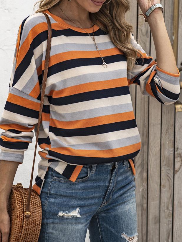 T-Shirts Multicolor Striped Round Neck Long Sleeve T-Shirt - LuckyFash™
