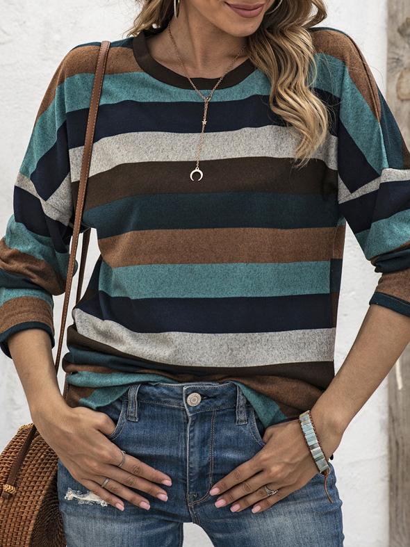 T-Shirts Multicolor Striped Round Neck Long Sleeve T-Shirt - LuckyFash™