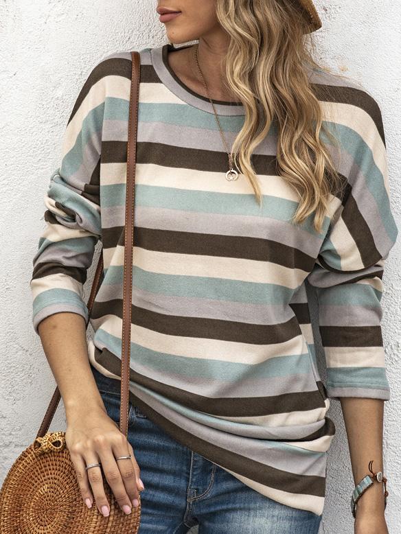T-Shirts Multicolor Striped Round Neck Long Sleeve T-Shirt - LuckyFash™